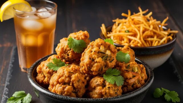 Delicious Indian Appetizer: Golden Fried Vegetable Pakora Fritters Served with Iced Tea and Crispy Potatoes, Ethnic Street Food