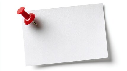 Close-up of a white paper note pinned to a surface with a vibrant red pushpin, creating a minimalistic composition