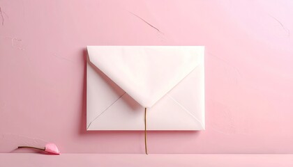 A White Envelope With A Single Pink Rosebud Rests On A Pink Surface With Subtle Glittering Accents Suggesting A Special Occasion Or Romantic Message