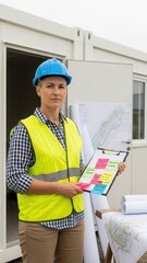 Confident female engineer reviewing construction plans outdoors