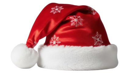 Red Santa hat with snowflakes isolated PNG, festive Christmas cap with white fur trim on transparent background for holiday design