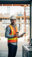 Construction worker in hard hat and safety vest holding tablet on site