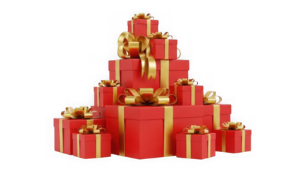 Large stack of red gift boxes with gold ribbons  isolated on transparent background