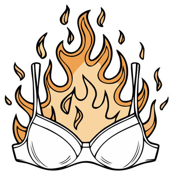 Burning bra line art illustration representing protest against oppression or feminism concept symbol on a transparent background