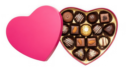 Heart shaped pink box of assorted chocolates  open  isolated on transparent background