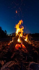 A bonfire blazes brightly under a starry night sky