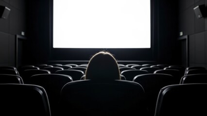 Fototapeta premium Silhouette of a person watching a blank movie screen in a dark cinema.