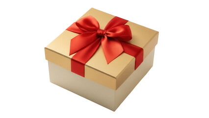 Obraz premium Gold gift box with red ribbon isolated PNG, present with bow on transparent background for birthday, Christmas, Valentine s Day and special occasions