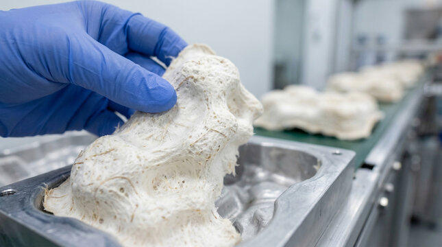 Close up of a hand in blue glove holding sustainable mycelium packaging in a factory production line. Eco-friendly bio-manufacturing and industrial innovation for a sustainable future concept.
