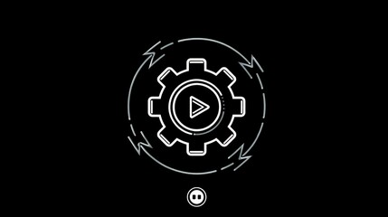 A stark black background hosts a white outline of a cogwheel with a play button at its center, surrounded by a dotted circle. A symbol is beneath