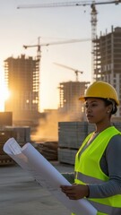Female engineer reviewing construction plans on a bustling site