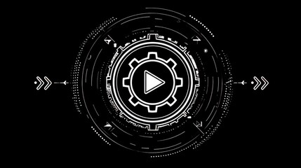A stark digital rendering showcasing a gear mechanism with a play button icon at its center, surrounded by curved lines and arrows on a black backdrop