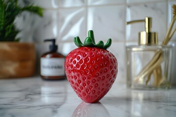 A small strawberry-shaped soap dispenser with glossy finish