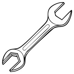 Wrench illustration: A black and white line drawing of a spanner or open-ended wrench, a hand tool for tightening bolts and nuts.