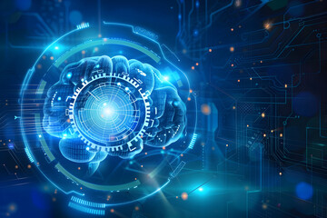 Futuristic digital brain with data streams and gears for technology innovation concept