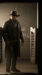 Cowboy standing in doorway with gun in hand at night