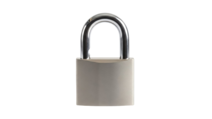 Silver padlock PNG isolated on transparent background, security lock for safety and protection, metal lock for securing valuables