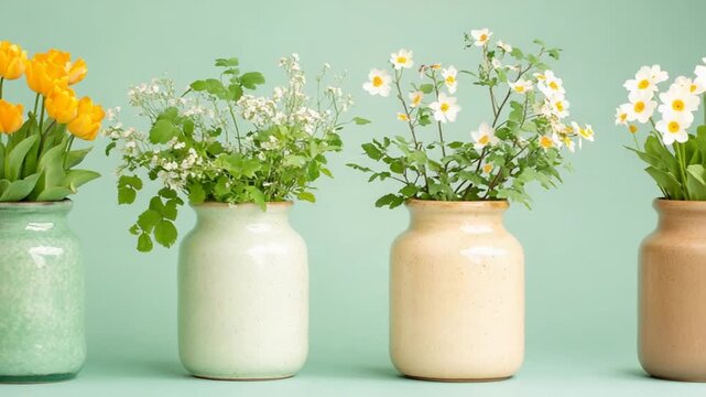 Colorful Floral Arrangement in Ceramic Vases with Bright Yellow Flowers and Lush Greenery