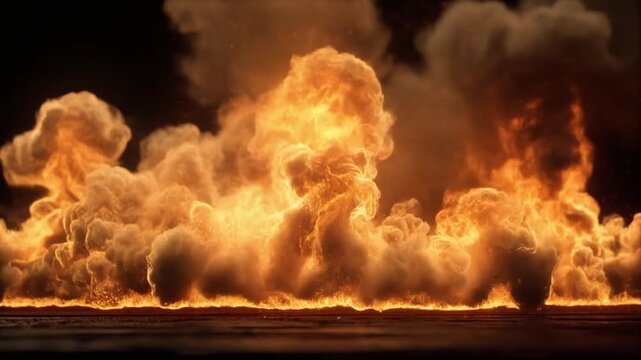 Intense fire with flames and smoke against a dark background.