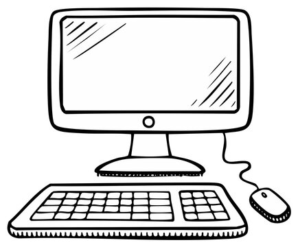 Hand drawn sketch of a desktop computer system with monitor keyboard and mouse