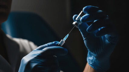 doctor hands in blue surgical gloves drawing liquid medicine from a glass vial with a syringe in a dark clinic