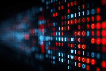 Binary code grid in reds, blues, and whites