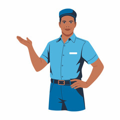 A friendly delivery person gesturing welcome in a uniform, representing service and accountability while highlighting community engagement and trustworthiness in delivery.