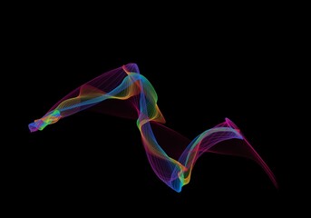 Obraz premium Ribbon-like rainbow light overlays stretch and bend through darkness, forming a sinuous zigzag of translucent neon color that glides across black space like a graceful digital creature