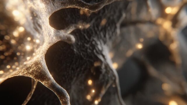 Abstract dark textured surface with golden highlights and bokeh lights.