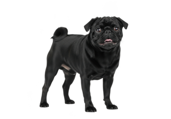A black pug dog standing on a transparent background with a curious expression