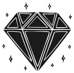 Sparkling Diamond Drawing with Bold Outlines, Shiny, Treasure, Gemstone