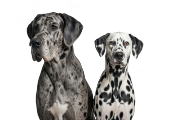 Two dogs, a gray Great Dane and a white Dalmatian, sitting side by side on transparent background