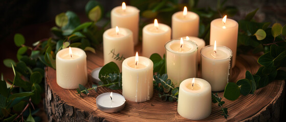 A panoramic candlelit composition viewed slightly from above, showing white pillar candles in glass and open air clustered on a natural wooden slab, a