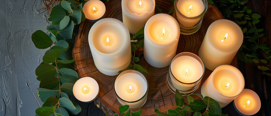 A panoramic candlelit composition viewed slightly from above, showing white pillar candles in glass and open air clustered on a natural wooden slab, a
