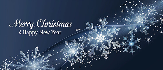 A panoramic Christmas and New Year greeting card design with a smooth navy-to-icy-blue gradient background, darker at the top and gently glowing towar