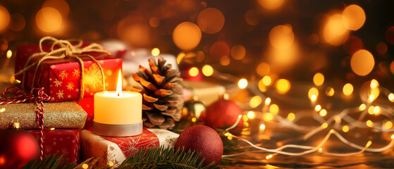 A panoramic festive composition featuring a warm LED candle resting on layered red-and-white wrapped presents, accented with matte and glossy gold orn