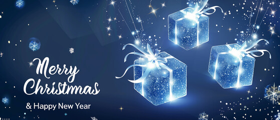 A panoramic futuristic Christmas illustration with three floating presents formed from radiant blue-white particles, hovering in layered depth over a 