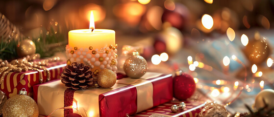 A peaceful Christmas composition captured in panoramic view, featuring a softly glowing candle placed on stacked red and cream holiday presents, with 