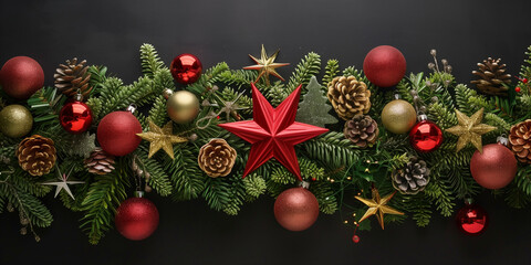 A premium Christmas garland stretching horizontally like a decorative frame edge, composed of dense fir greenery in multiple shades of green