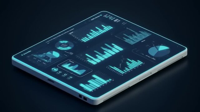 Isometric view of Tablets displaying Business Analytics Dashboard Interface on dark background