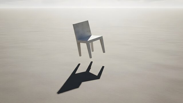 Surreal levitating concrete chair casting a shadow in a vast barren desert landscape, minimalist 3D concept