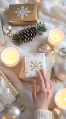 A refined Christmas composition in portrait orientation showing a hand reaching toward a small white present with elegant gold snowflake motifs, surro
