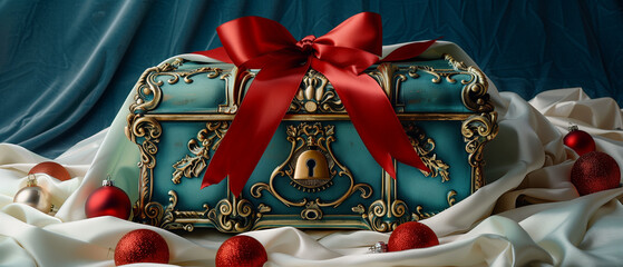 A refined festive still life featuring an ornate teal treasure chest adorned with gold baroque detailing and a decorative lock, wrapped in a luxurious