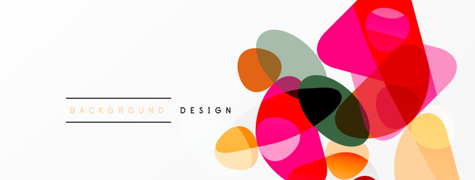 Abstract colorful shapes overlap white space. Modern design elements create dynamic visual texture. Simple text labels background, design.