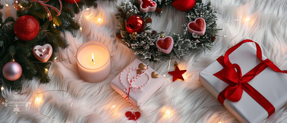 A refined winter holiday scene in cinematic panorama, showing a white faux fur surface with a softly glowing LED candle, a festive wreath decorated wi