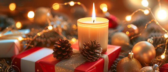 A refined winter holiday still life in wide format, showcasing a warm LED candle resting atop red and white gift boxes, surrounded by soft gold orname