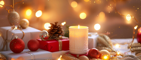 A refined winter holiday still life in wide format, showcasing a warm LED candle resting atop red and white gift boxes, surrounded by soft gold orname
