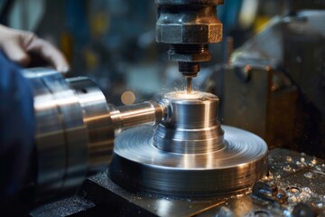 Precision cnc milling producing metal part in industrial workshop