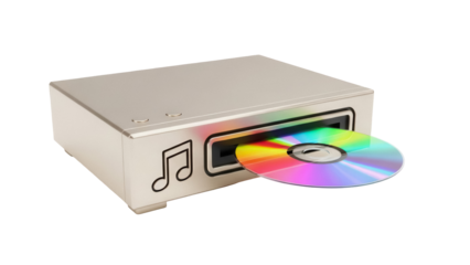 Silver CD player with colorful disc isolated PNG, music device for audio listening and entertainment on transparent background