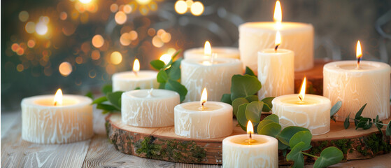 A tranquil wide-angle still life featuring white candles arranged organically on a textured wooden slice with green leaves woven around them, warm can